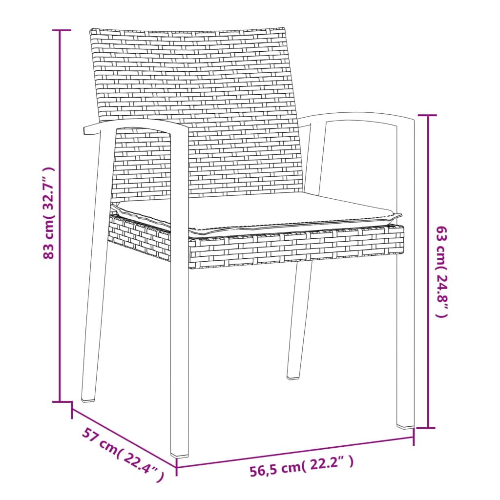 Vrtni stoli z blazinami 2 kosa črni 56,5x57x83 cm poli ratan