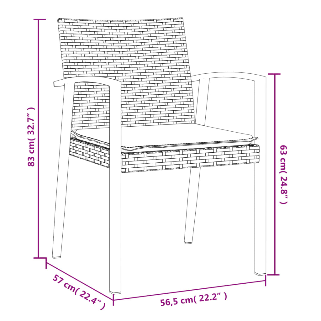 Vrtni stoli z blazinami 4 kosi rjavi 56,5x57x83 cm poli ratan