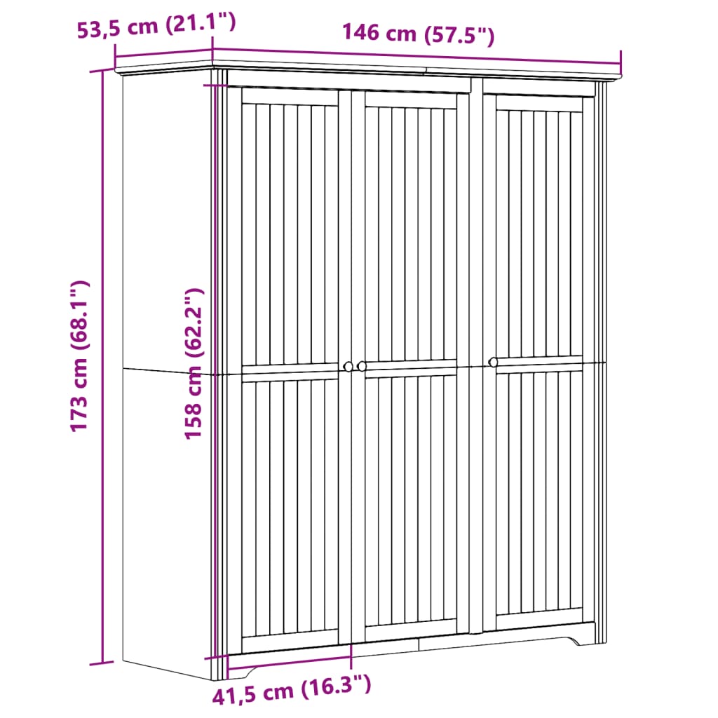 Garderobna omara BODO bela 146x53,5x173 cm trdna borovina