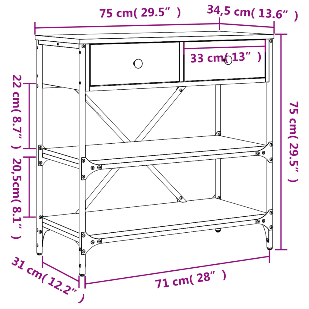 Konzolna mizica siva sonoma 75x34,5x75 cm inženirski les