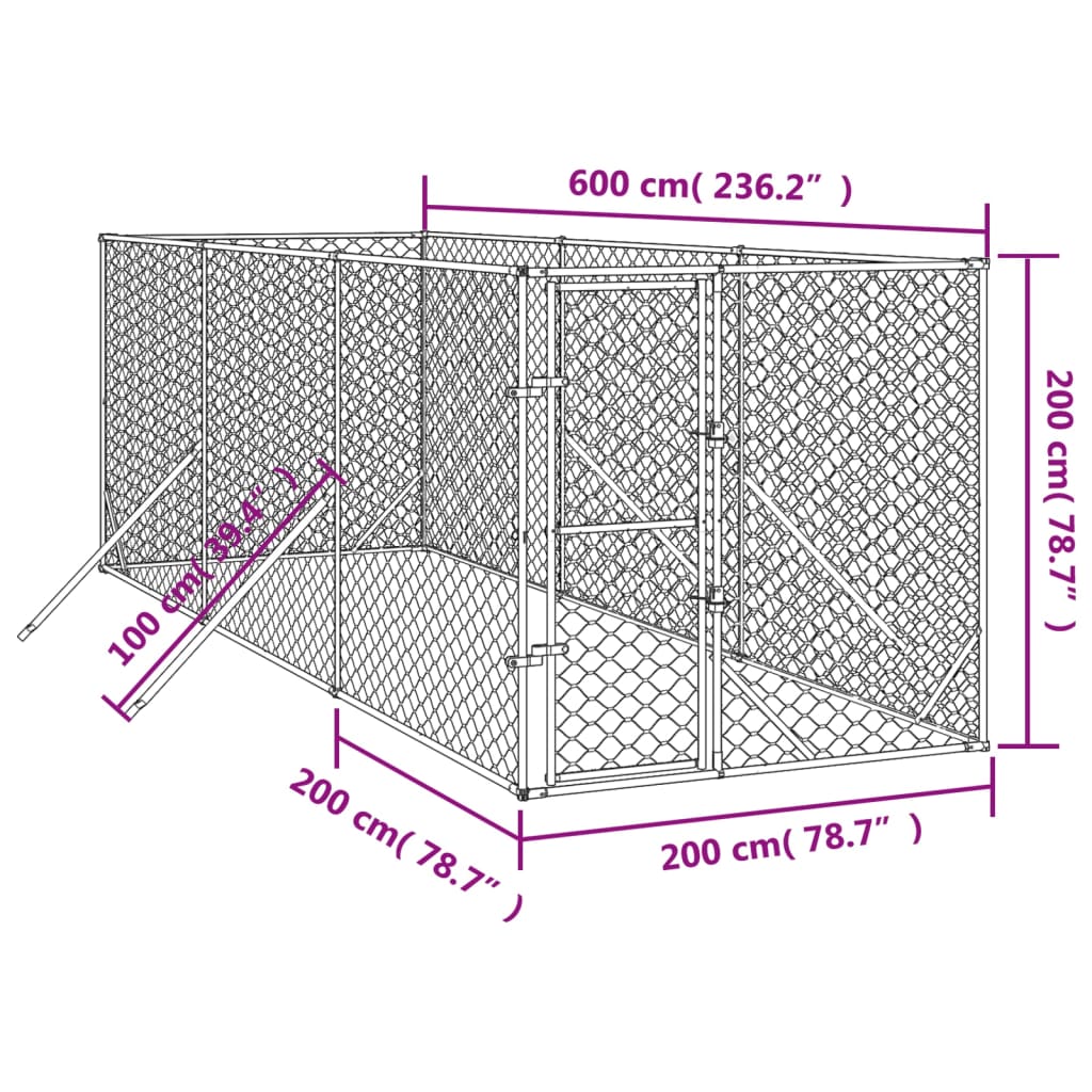 Zunanji pasji boks srebrn 2x6x2 m pocinkano jeklo