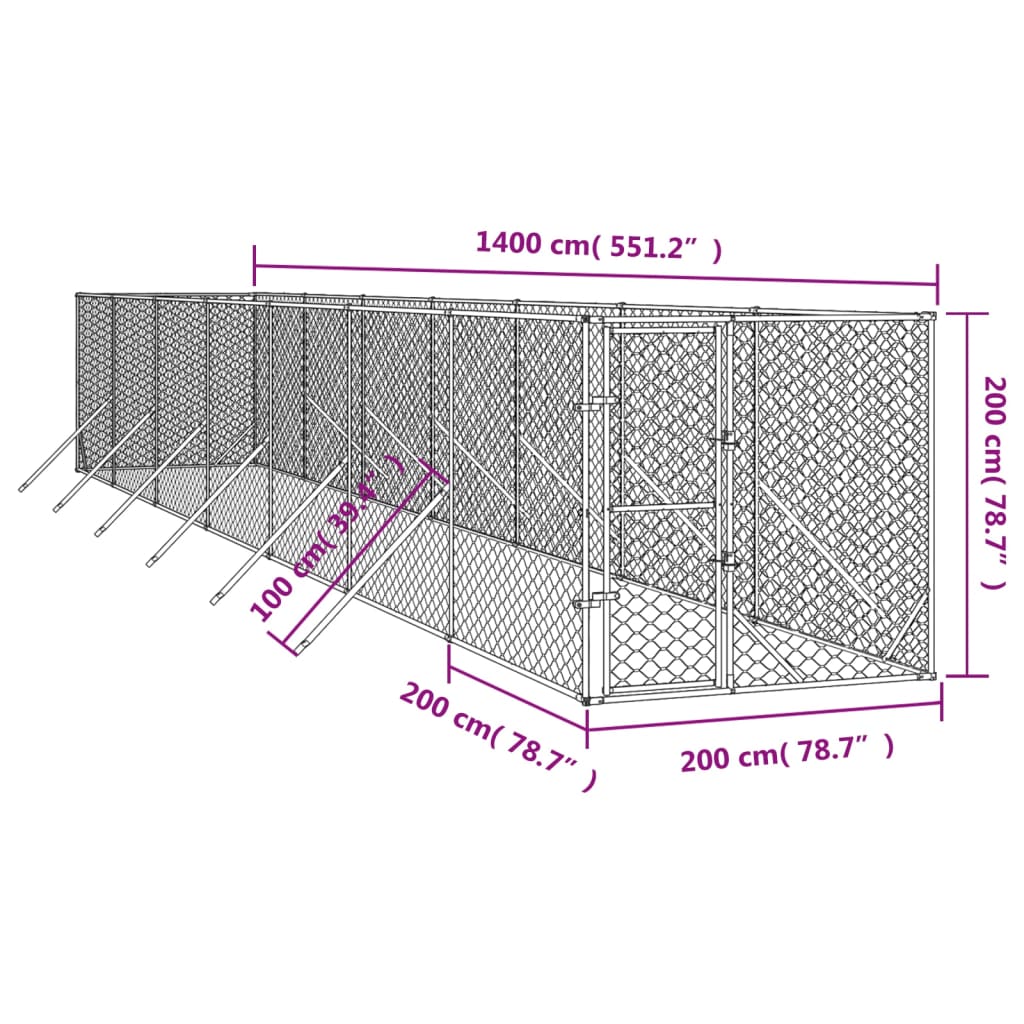 Zunanji pasji boks srebrn 2x14x2 m pocinkano jeklo