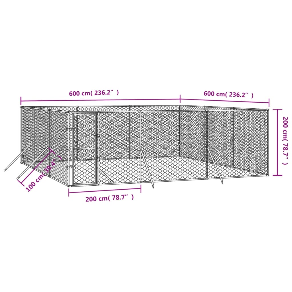 Zunanji pasji boks srebrn 6x6x2 m pocinkano jeklo