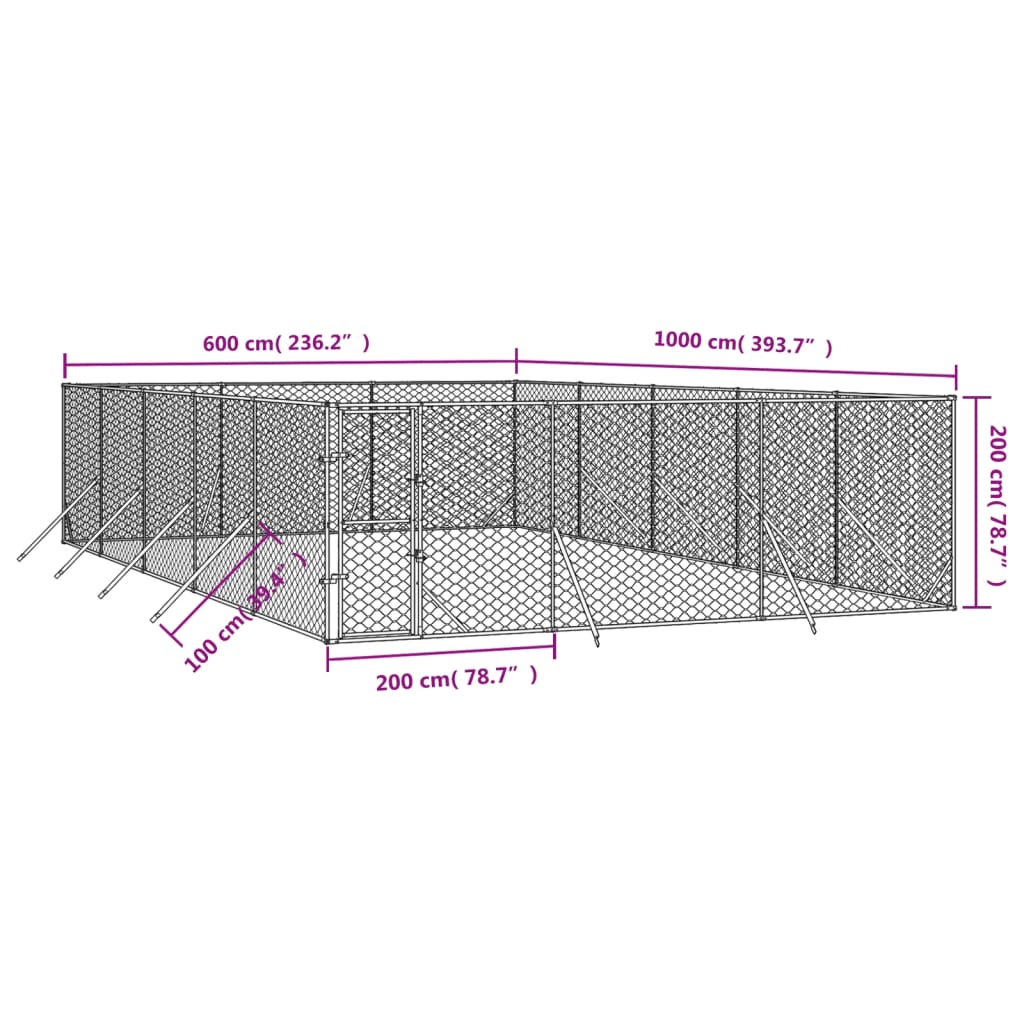 Zunanji pasji boks srebrn 6x10x2 m pocinkano jeklo