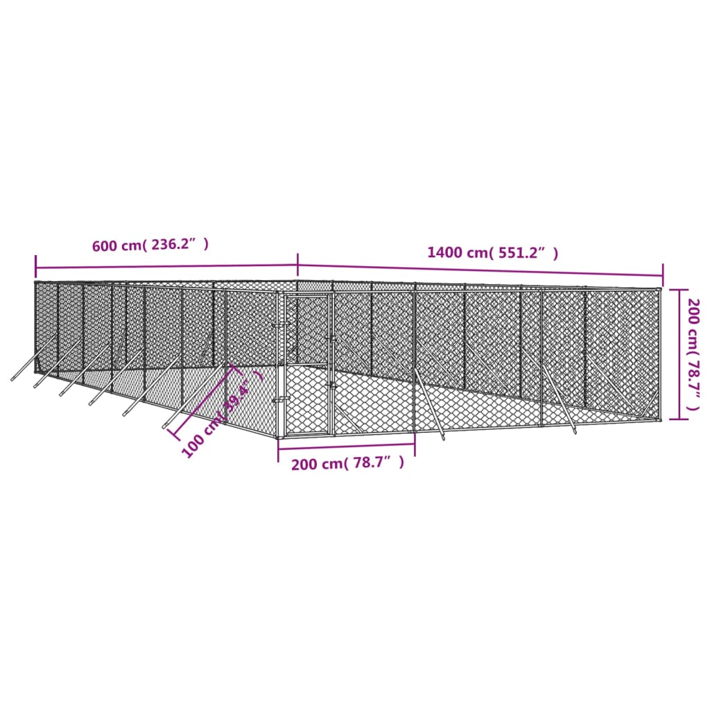 Zunanji pasji boks srebrn 6x14x2 m pocinkano jeklo