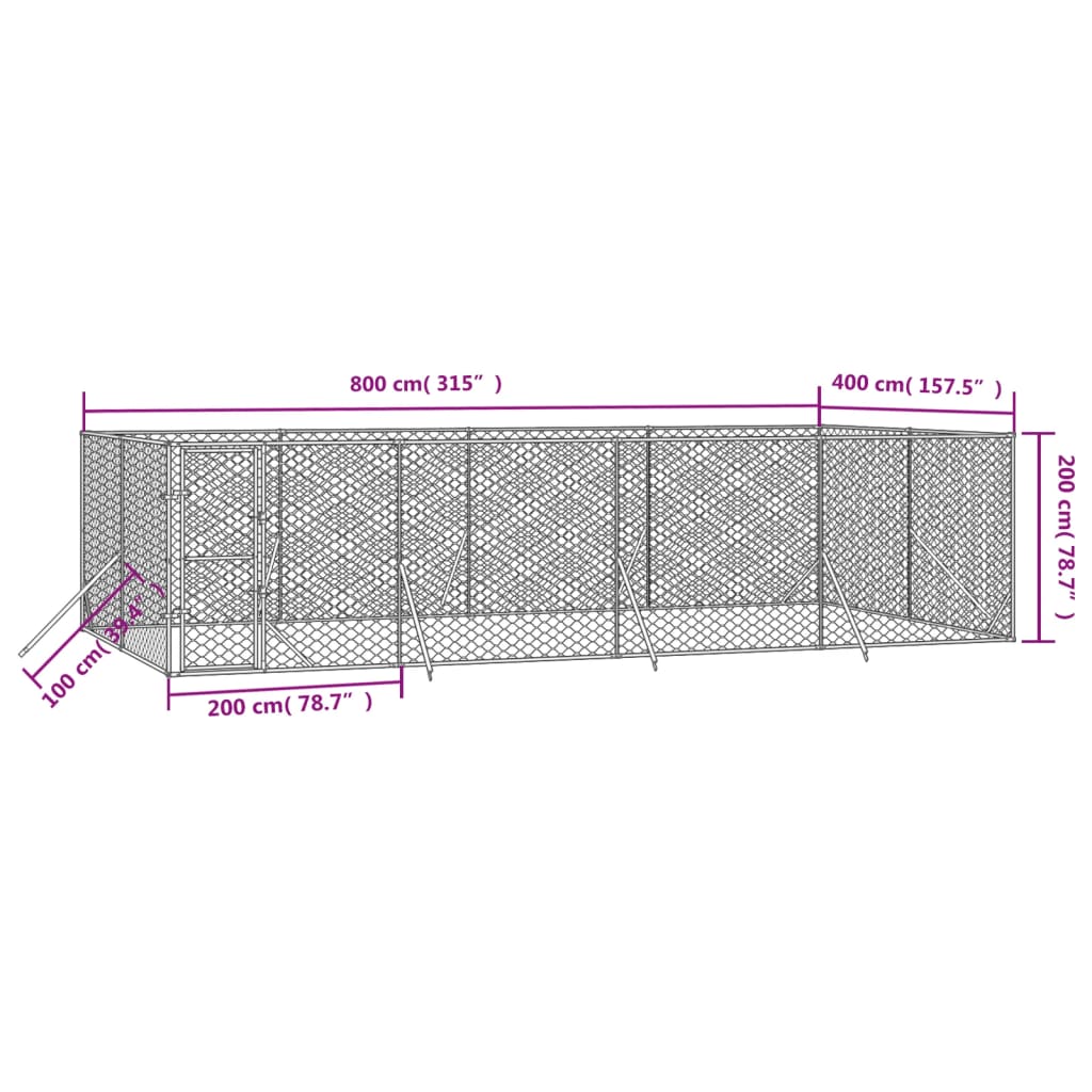 Zunanji pasji boks srebrn 8x4x2 m pocinkano jeklo