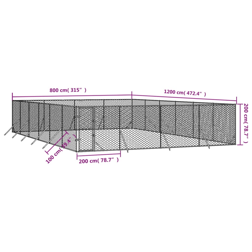 Zunanja pasja ograda srebrna 8x12x2 m pocinkano jeklo