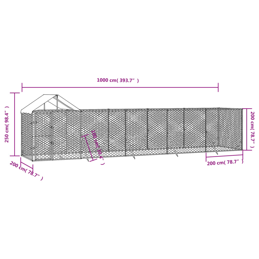 Zunanja pasja ograda s streho srebrna 10x2x2,5m pocinkano jeklo