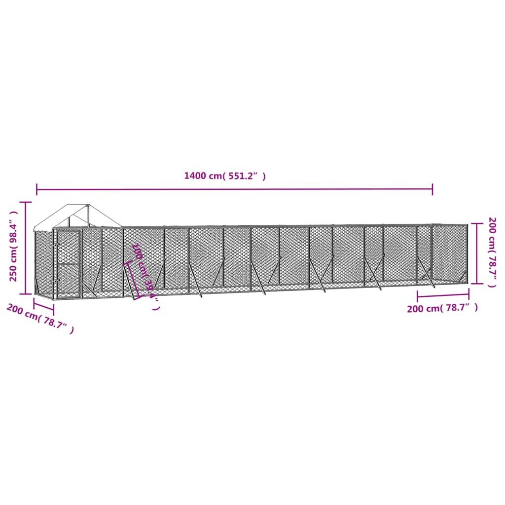 Zunanja pasja ograda s streho srebrna 14x2x2,5m pocinkano jeklo