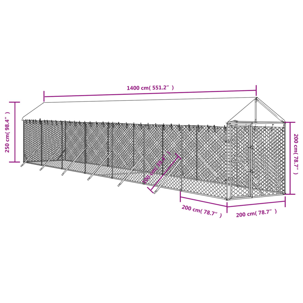 Zunanja pasja ograda s streho srebrna 2x14x2,5m pocinkano jeklo