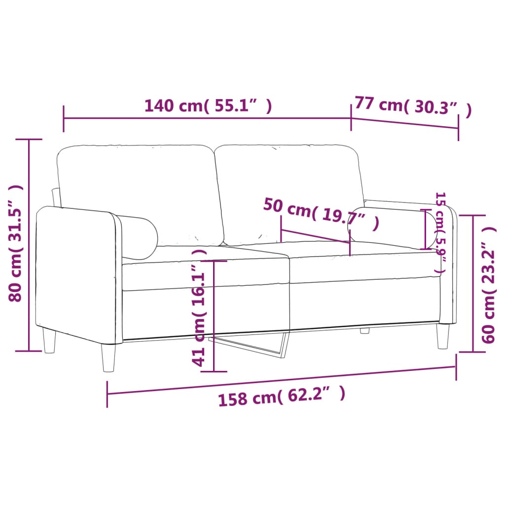 Kavč dvosed z okrasnimi blazinami moder 140 cm žamet