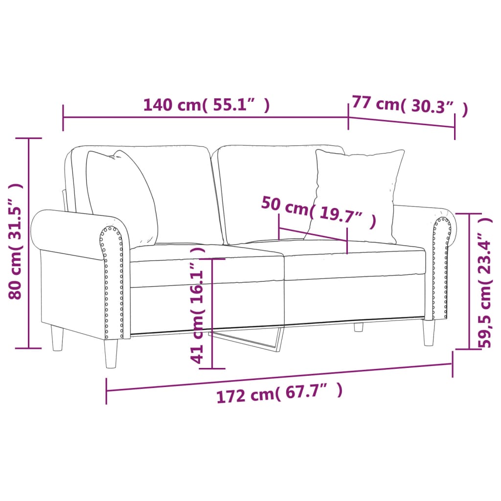 Kavč dvosed z okrasnimi blazinami krem 140 cm žamet