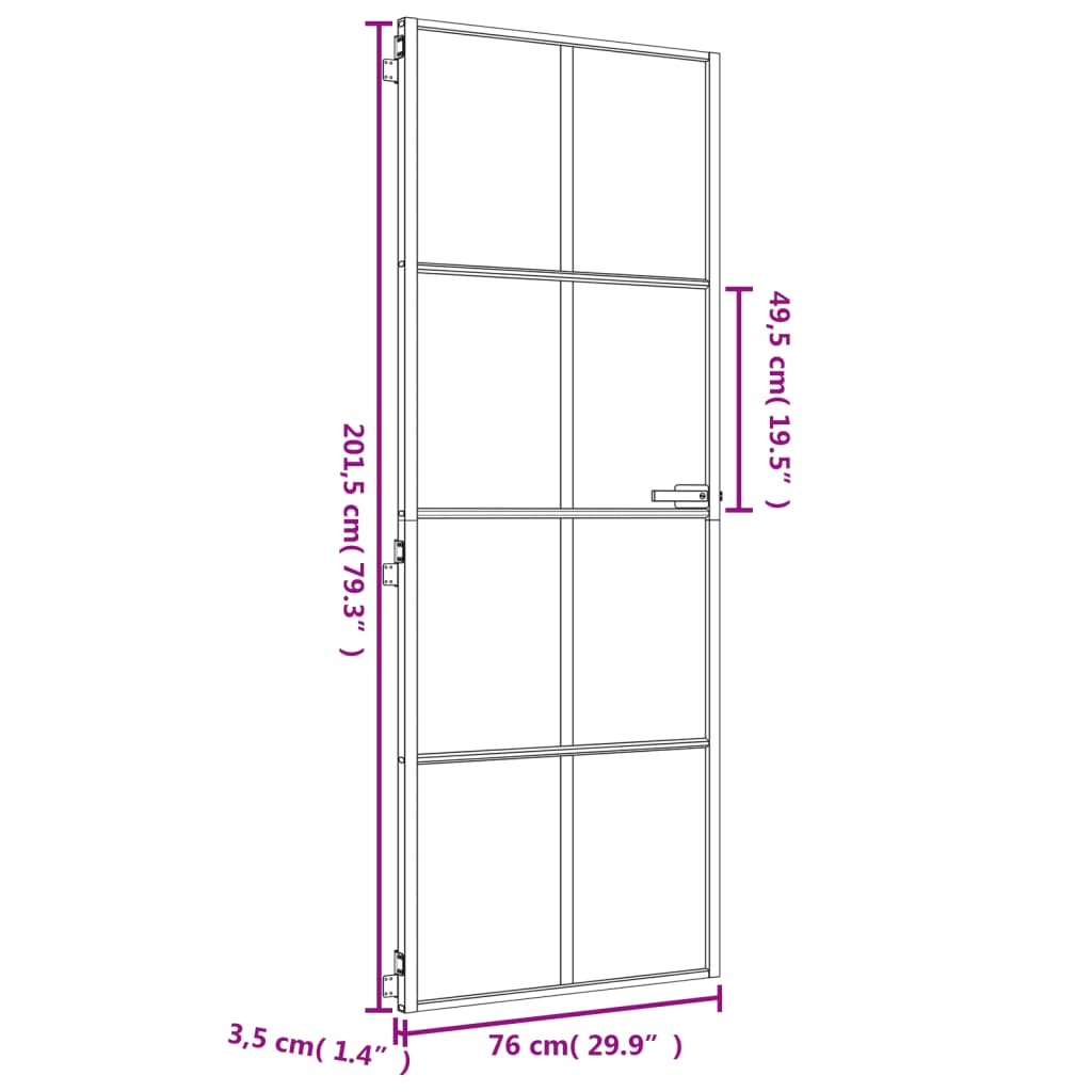 Notranja vrata ozka zlata 76x201,5cm kaljeno steklo in aluminij