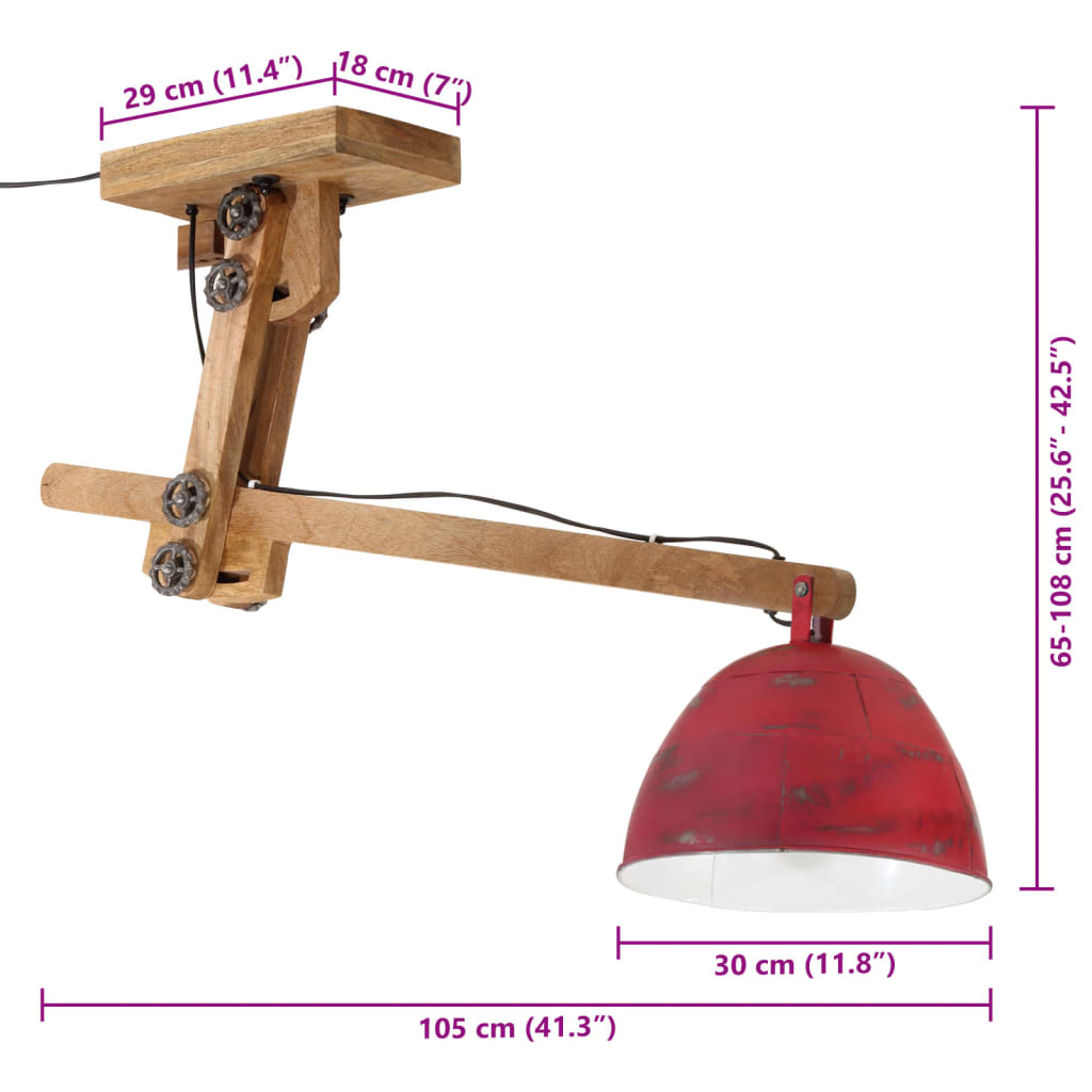 Stropna svetilka 25 W obrabljeno rdeča 105x30x65-108 cm E27