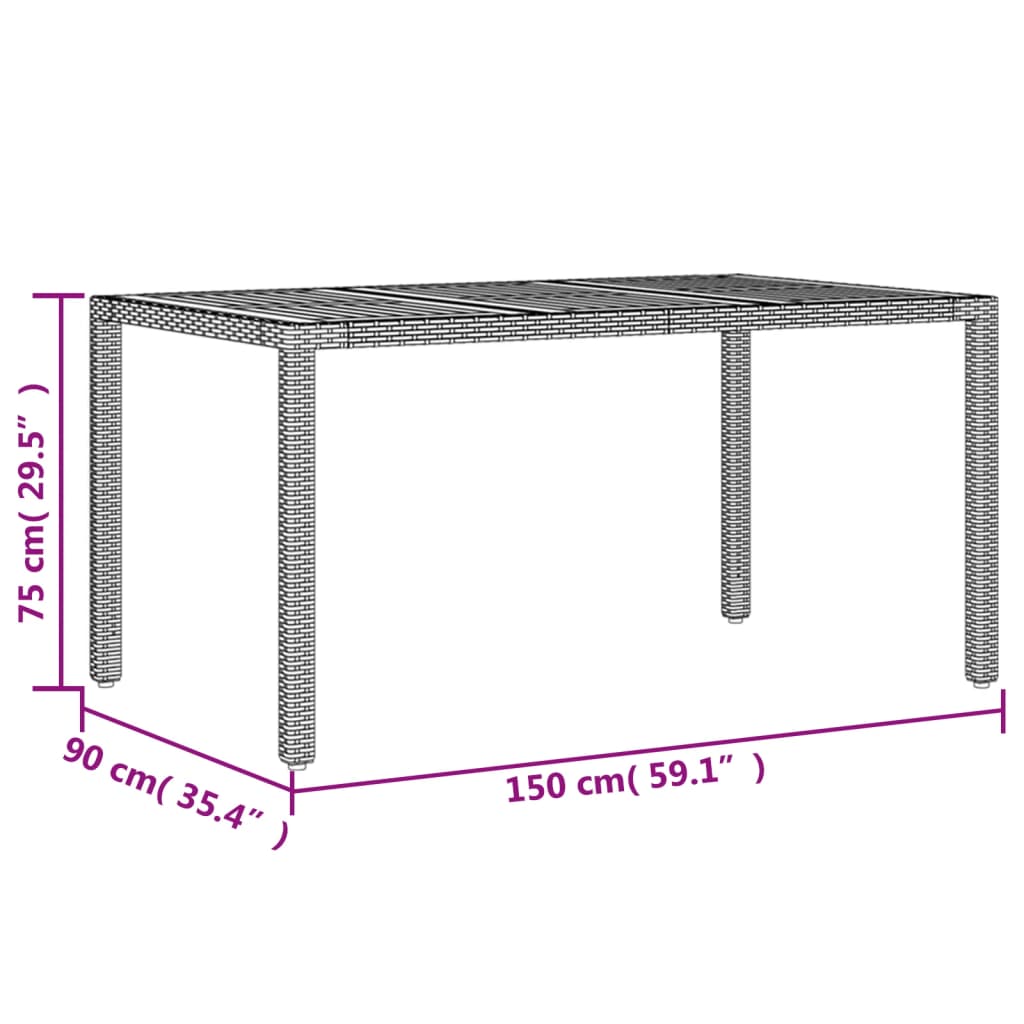 Vrtna miza z leseno akacijevo ploščo črna 150x90x75 cm PE ratan