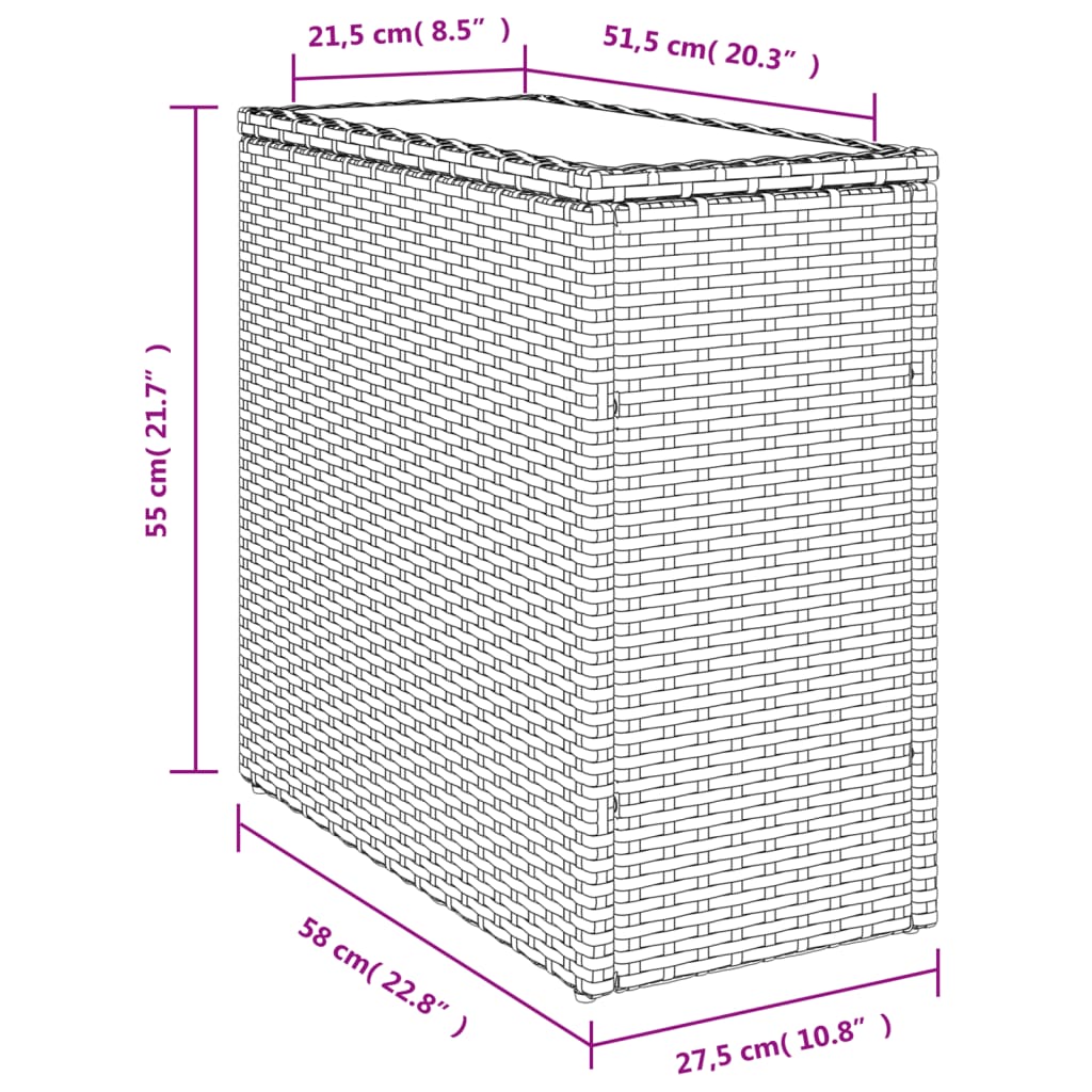 Vrtna miza s stekleno mizno ploščo črna 58x27,5x55cm poli ratan