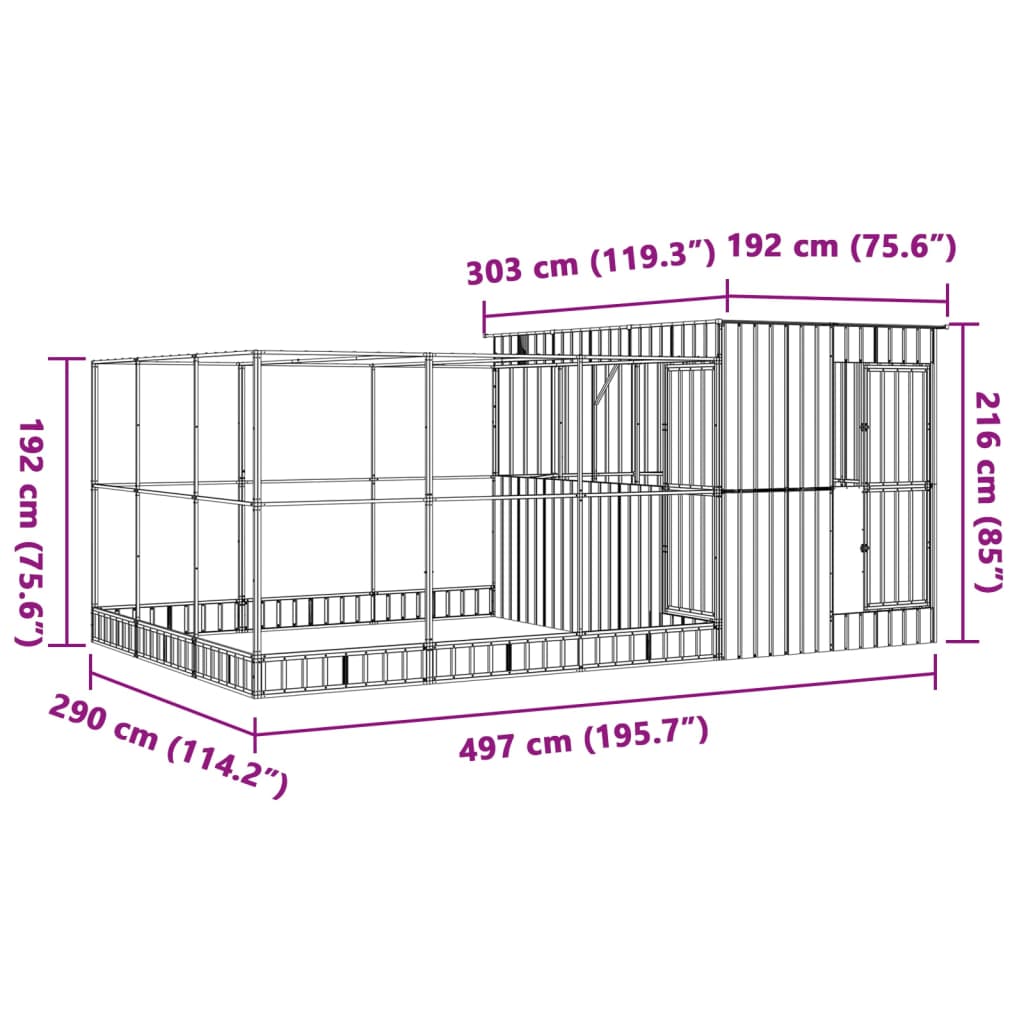 Voliera s podaljškom srebrna 497x303x216 cm jeklo