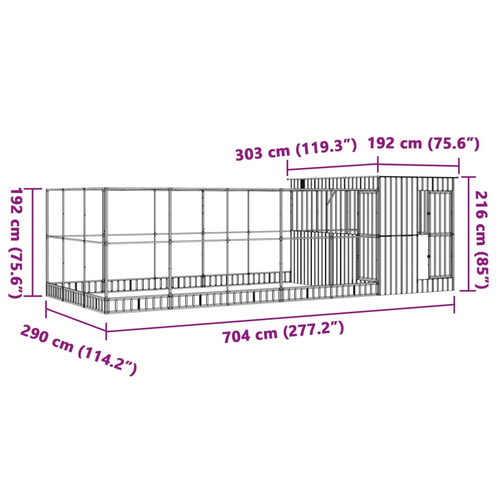 Voliera s podaljškom srebrna 704x303x216 cm jeklo