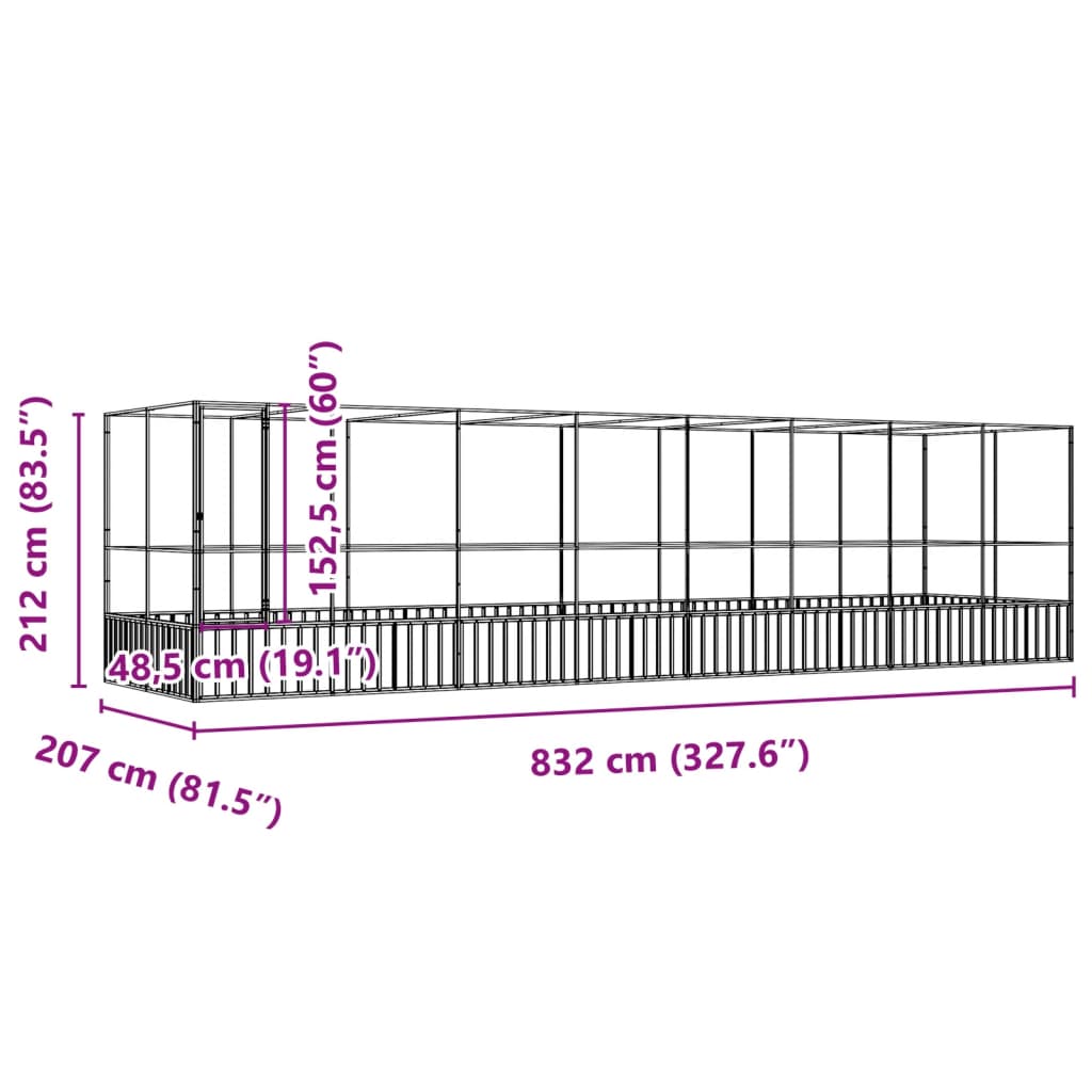 Voliera s podaljškom srebrna 832x207x212 cm jeklo