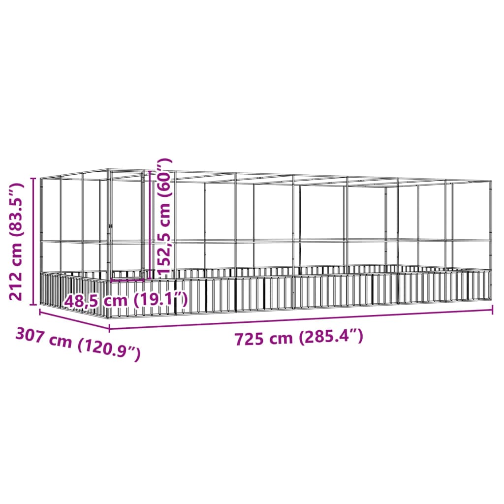 Voliera s podaljškom srebrna 725x307x212 cm jeklo