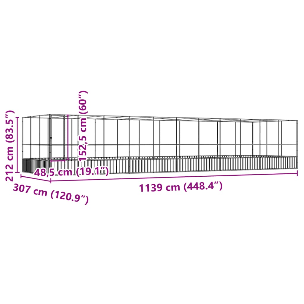 Voliera s podaljškom srebrna 1139x307x212 cm jeklo