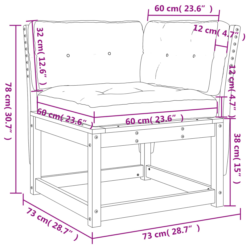 Vrtni kotni kavč z blazinami bel 73x73x78 cm trdna borovina