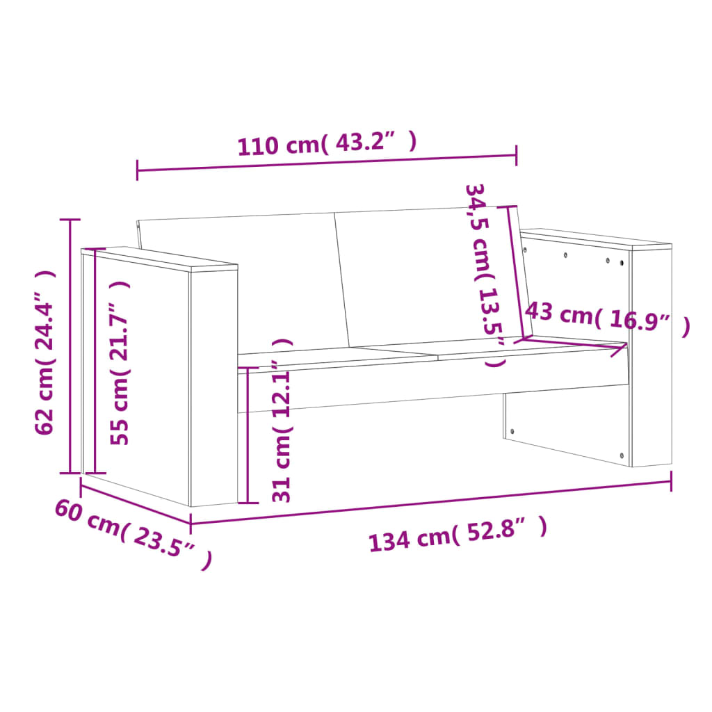 Vrtni kavč dvosed bel 134x60x62 cm trdna borovina