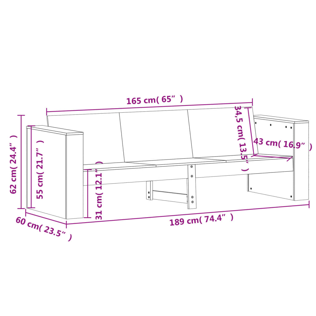 Vrtni kavč trosed 189x60x62 trdna borovina