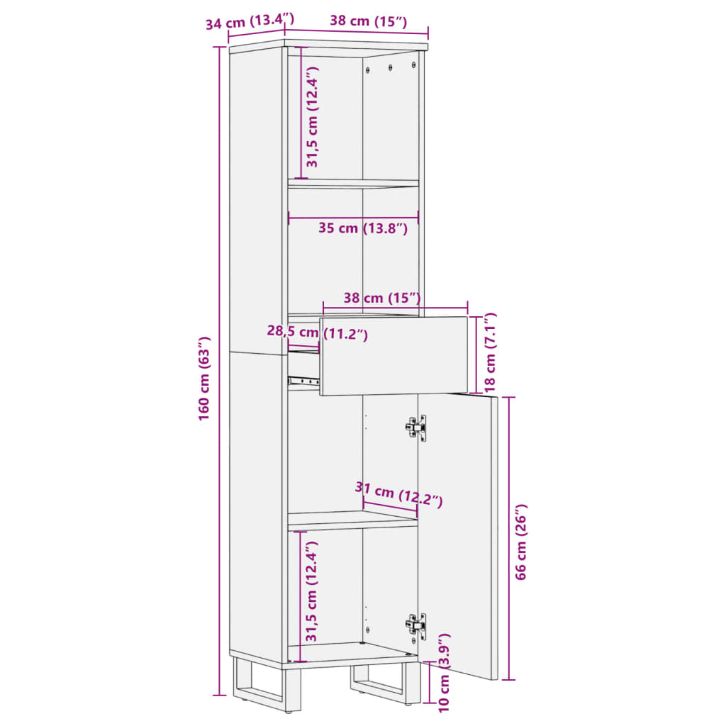 Komoda rjava 38x34x160 cm trden mangov les