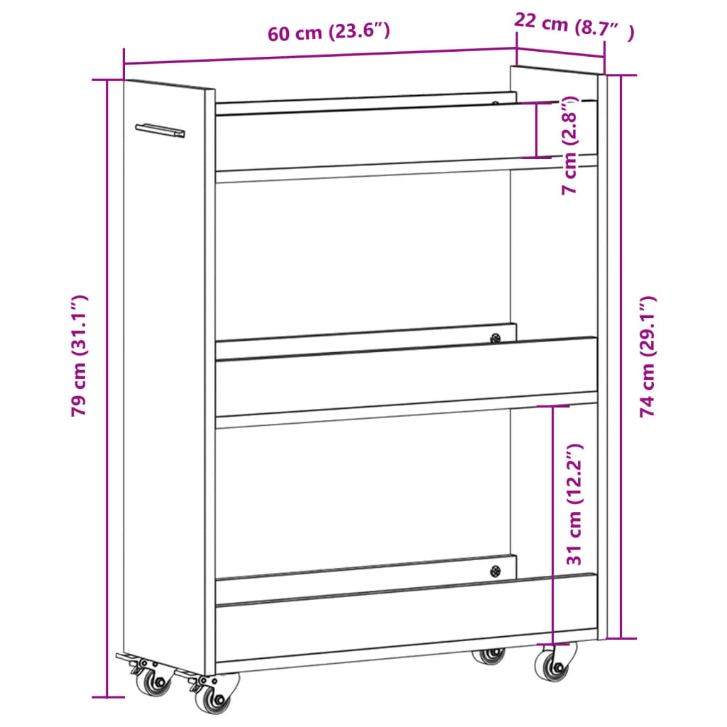 Omarica s kolesi siva sonoma 60x22x79 cm inženirski les