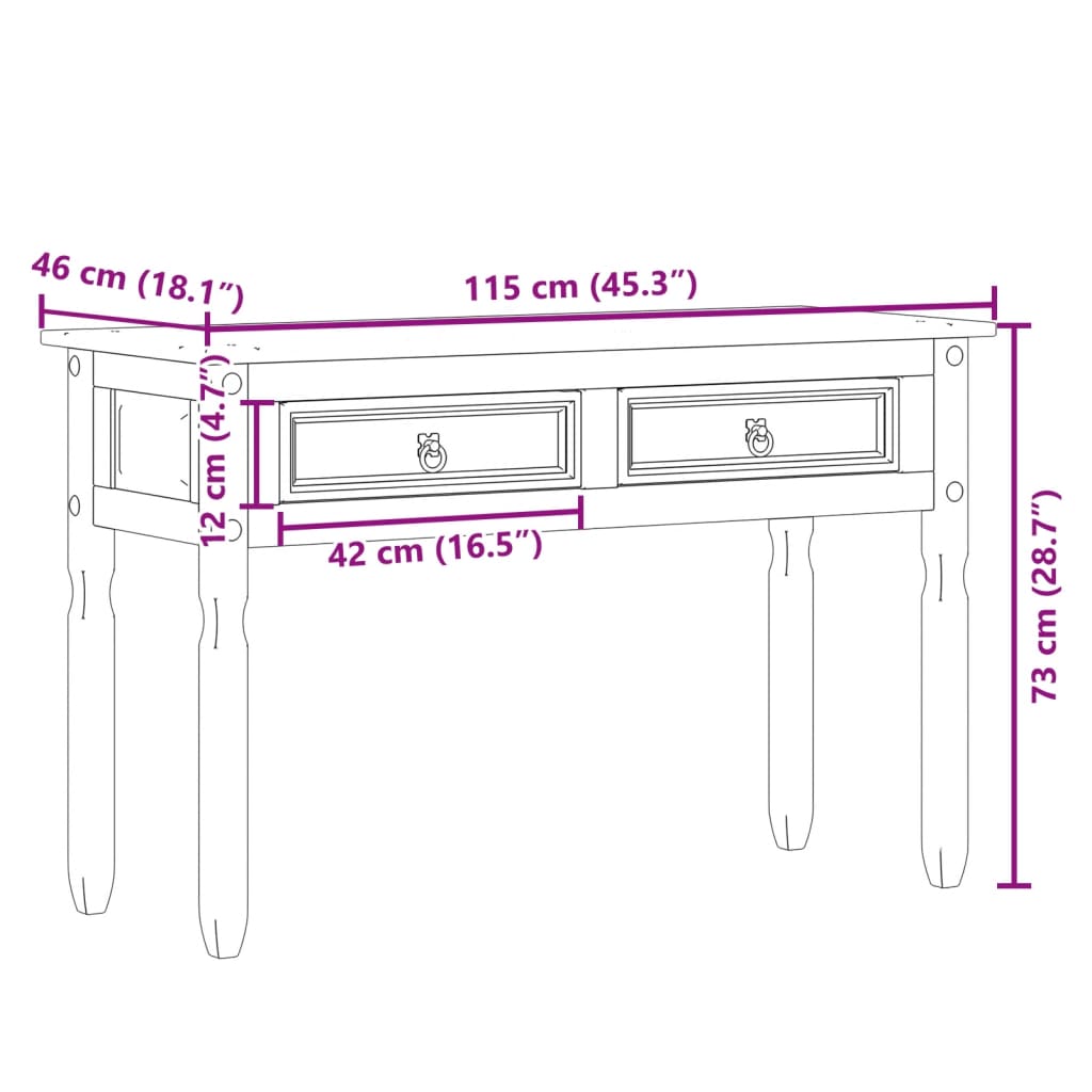 Konzolna mizica Corona 115x46x73 cm trdna borovina