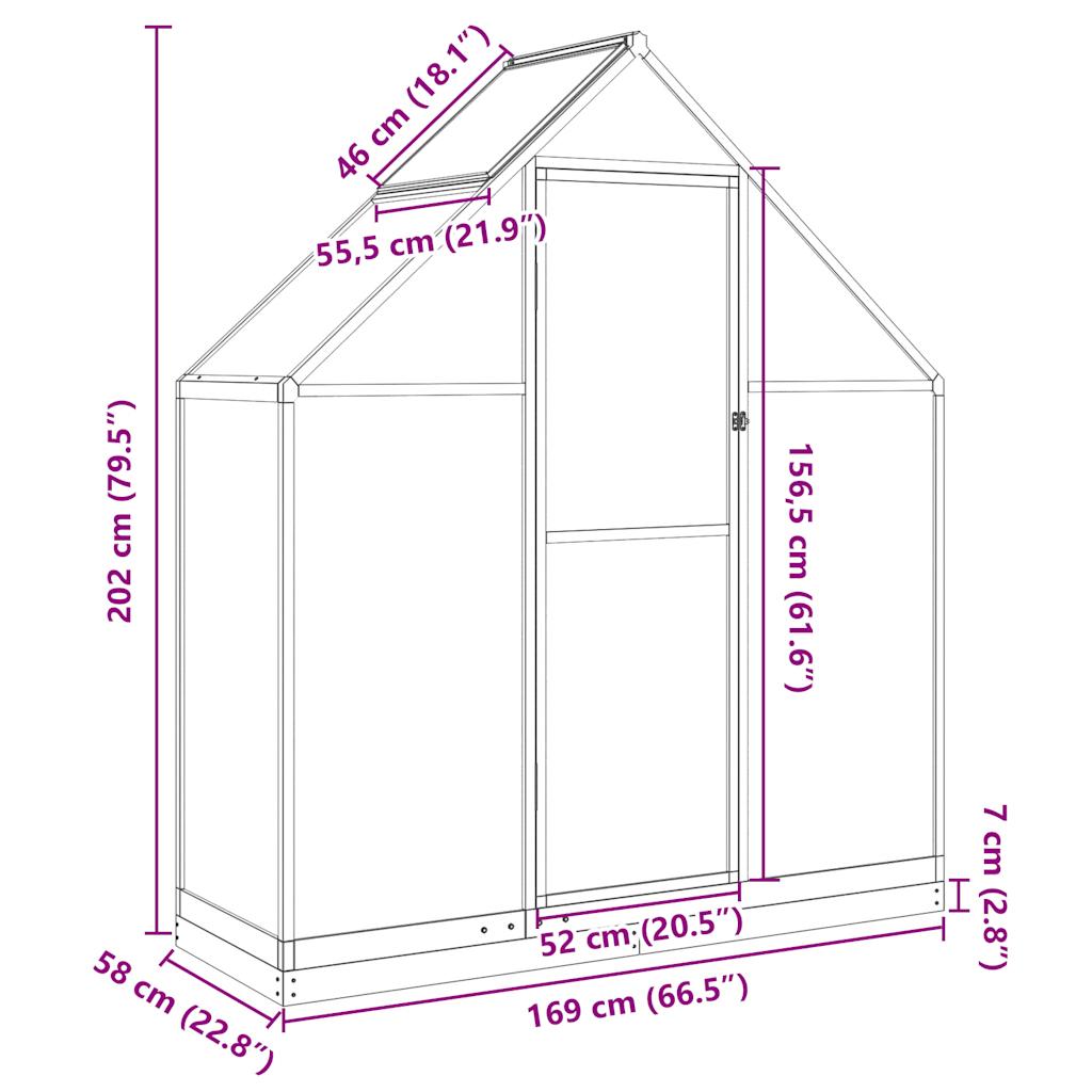 Rastlinjak z okvirjem srebrn 169x58x202 cm aluminij