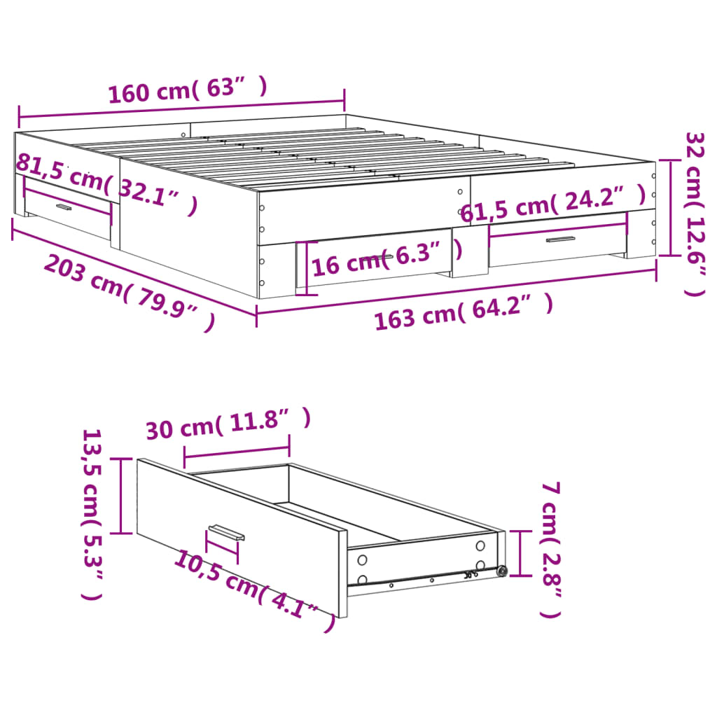 Posteljni okvir s predali rjavi hrast 160x200 cm inženirski les