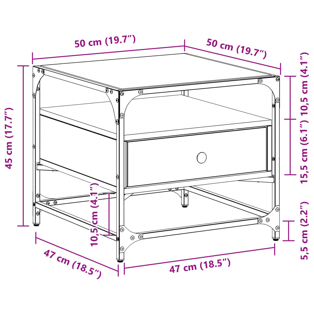 Klubska mizica s steklom sonoma hrast 50x50x45 cm jeklo