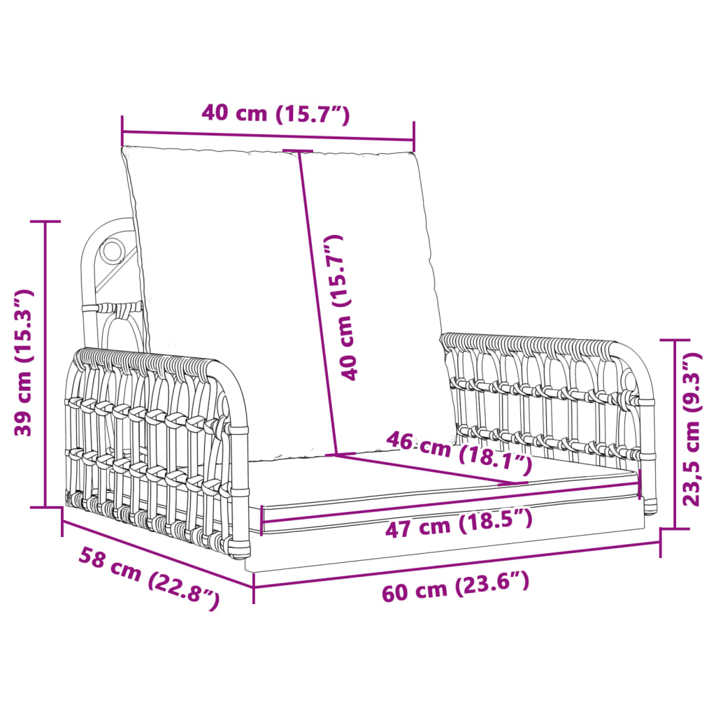 Gugalni stol z blazinami 63x58x39 cm poli ratan in jeklo