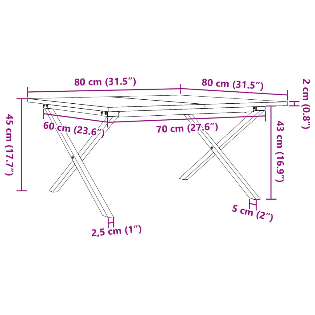 Klubska mizica X okvir 80x80x45 cm trdna borovina lito železo