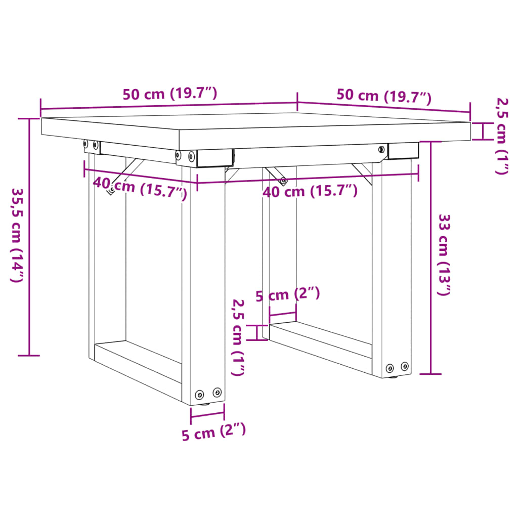 Klubska mizica O okvir 50x50x35,5 cm trdna borovina lito železo