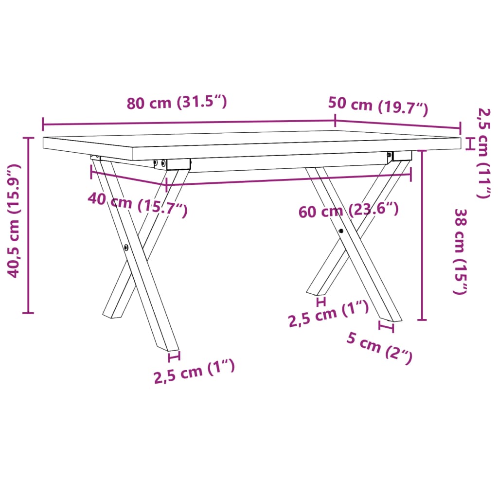 Klubska mizica X okvir 80x50x40,5 cm trdna borovina lito železo