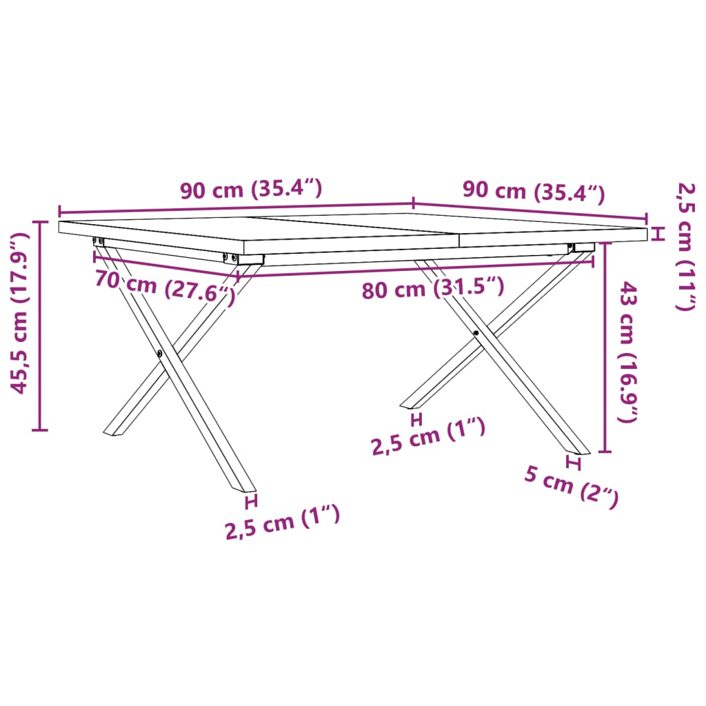 Klubska mizica X okvir 90x90x45,5 cm trdna borovina lito železo