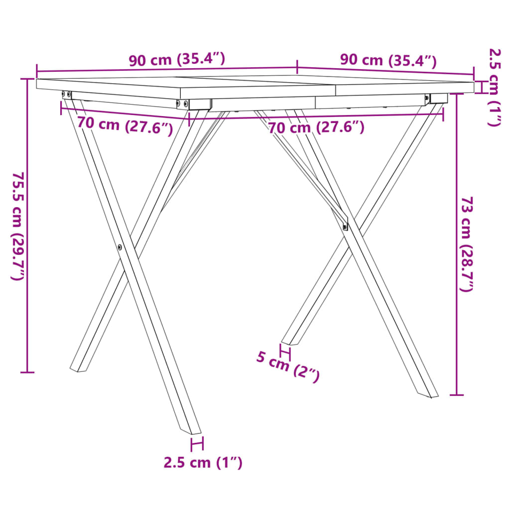 Jedilna miza X okvir 90x90x75,5 cm trdna borovina lito železo