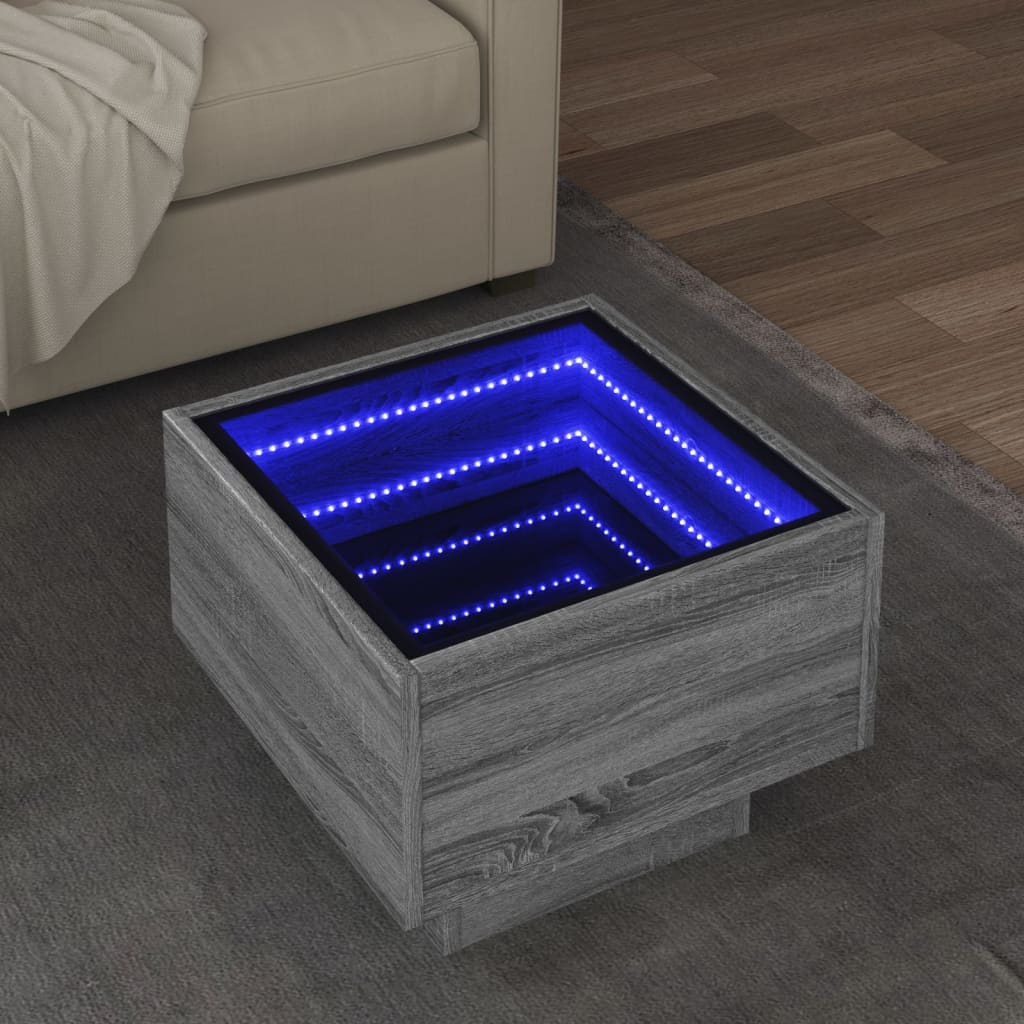 Stranska mizica z LED siva sonoma 40x40x30 cm inženirski les