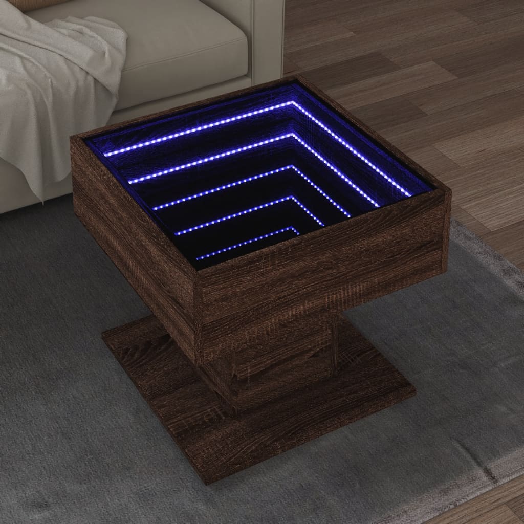 Klubska mizica LED rjavi hrast 50x50x45 cm inženirski les