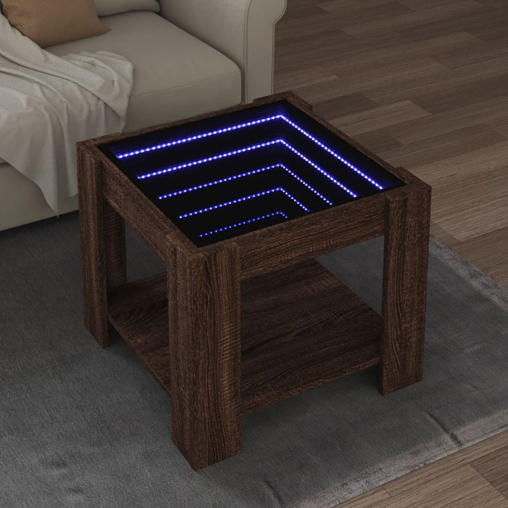 Klubska mizica LED rjavi hrast 53x53x45 cm inženirski les