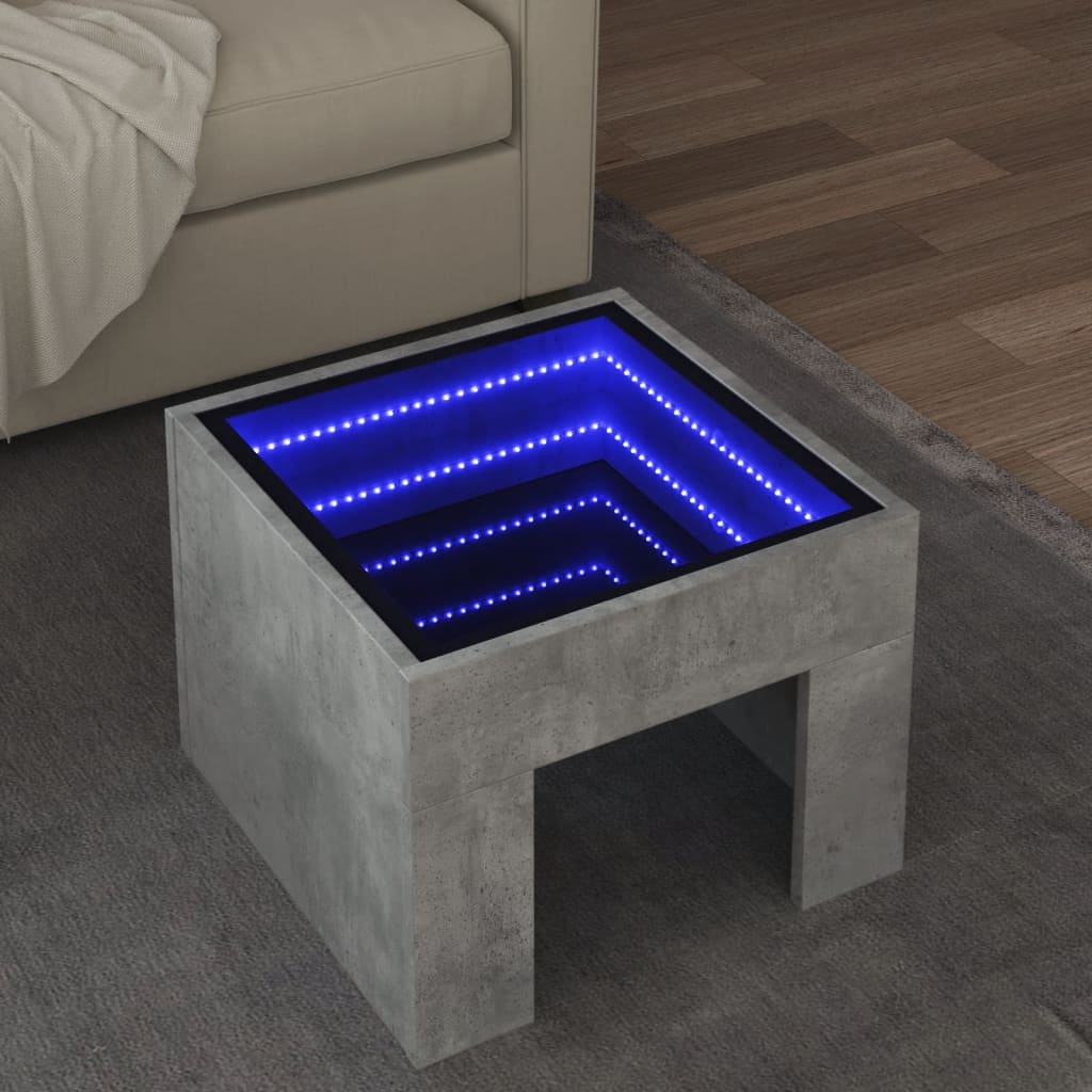 Klubska mizica z neskončnimi LED betonsko siva 40x40x30 cm