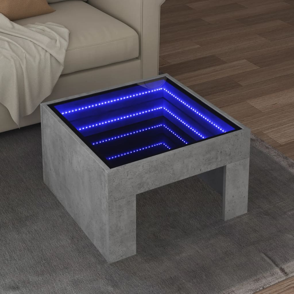 Klubska mizica z neskončnimi LED betonsko siva 50x50x30 cm