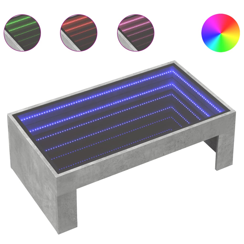 Klubska mizica z neskončnimi LED betonsko siva 90x50x30 cm