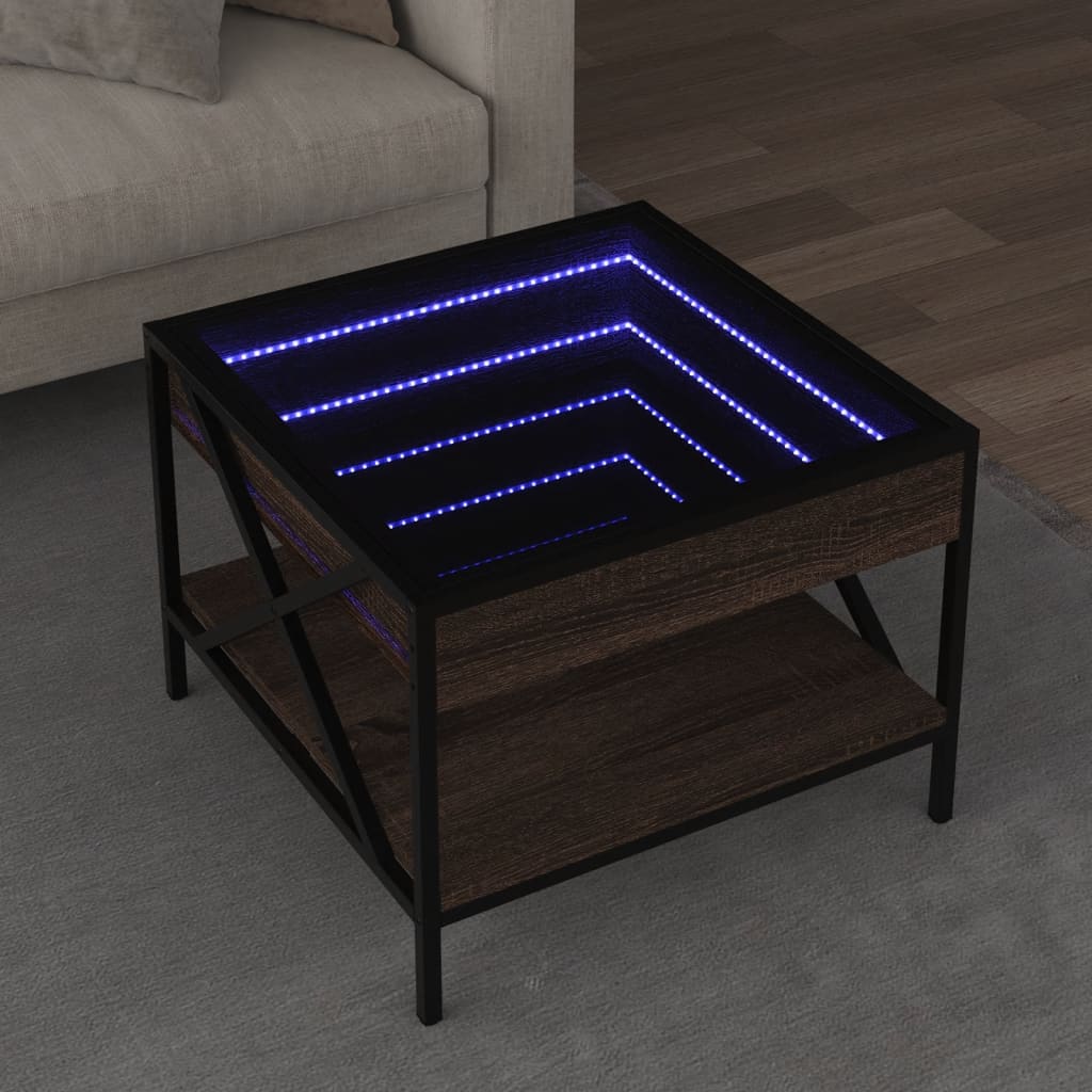 Klubska mizica z neskončnimi LED rjavi hrast 50x50x38 cm