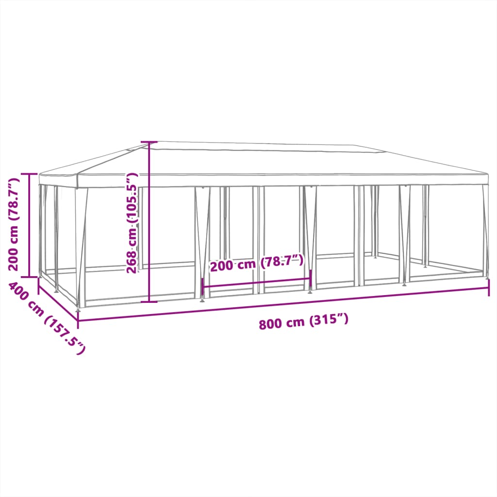 Vrtni šotor s 12 mrežastimi stranicami bel 8x4 m HDPE