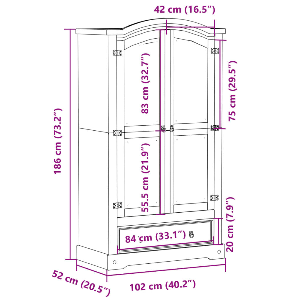 Garderobna omara Corona 102x52x186 cm trdna borovina