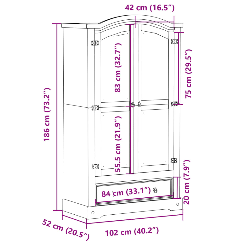 Garderobna omara Corona bela 102x52x186 cm trdna borovina